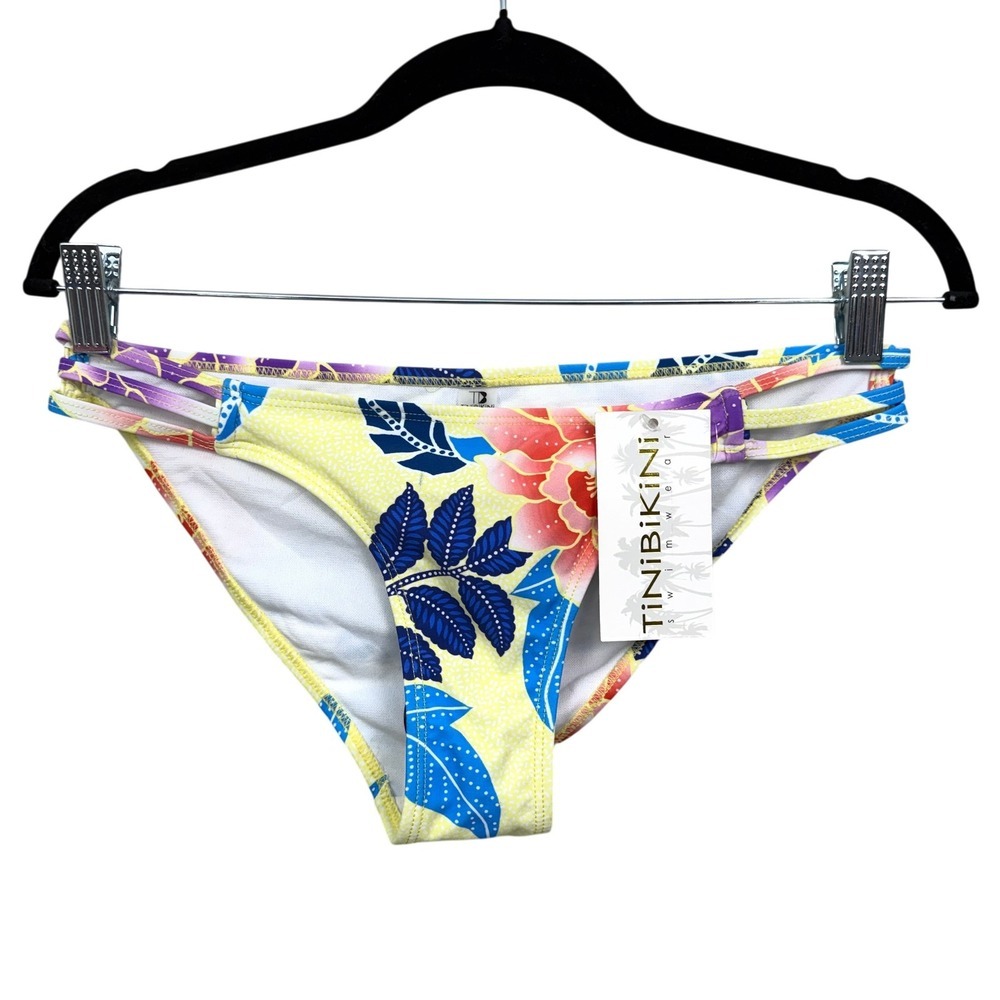 TiniBikini Swimwear Women's Size S Floral Strappy Bikini Swim Bottom Yellow Blue